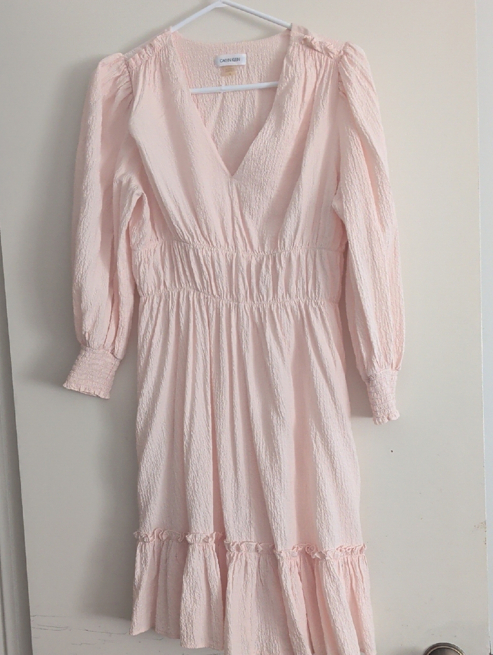 Calvin Klein Light Pinkish Peach Crinkle Long Sleeve Midi Dress